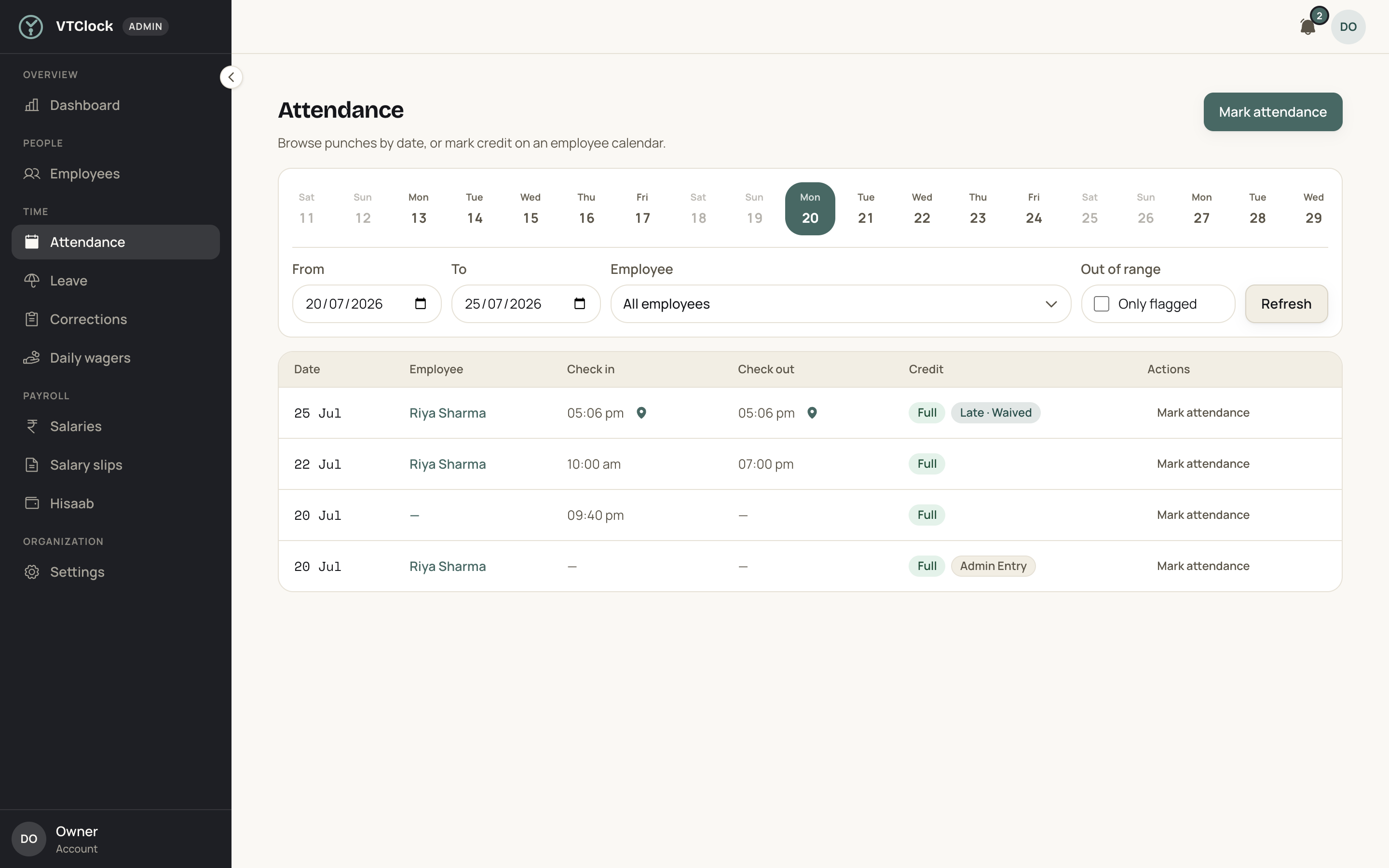 Admin attendance list with location-verified check-ins for Riya Sharma