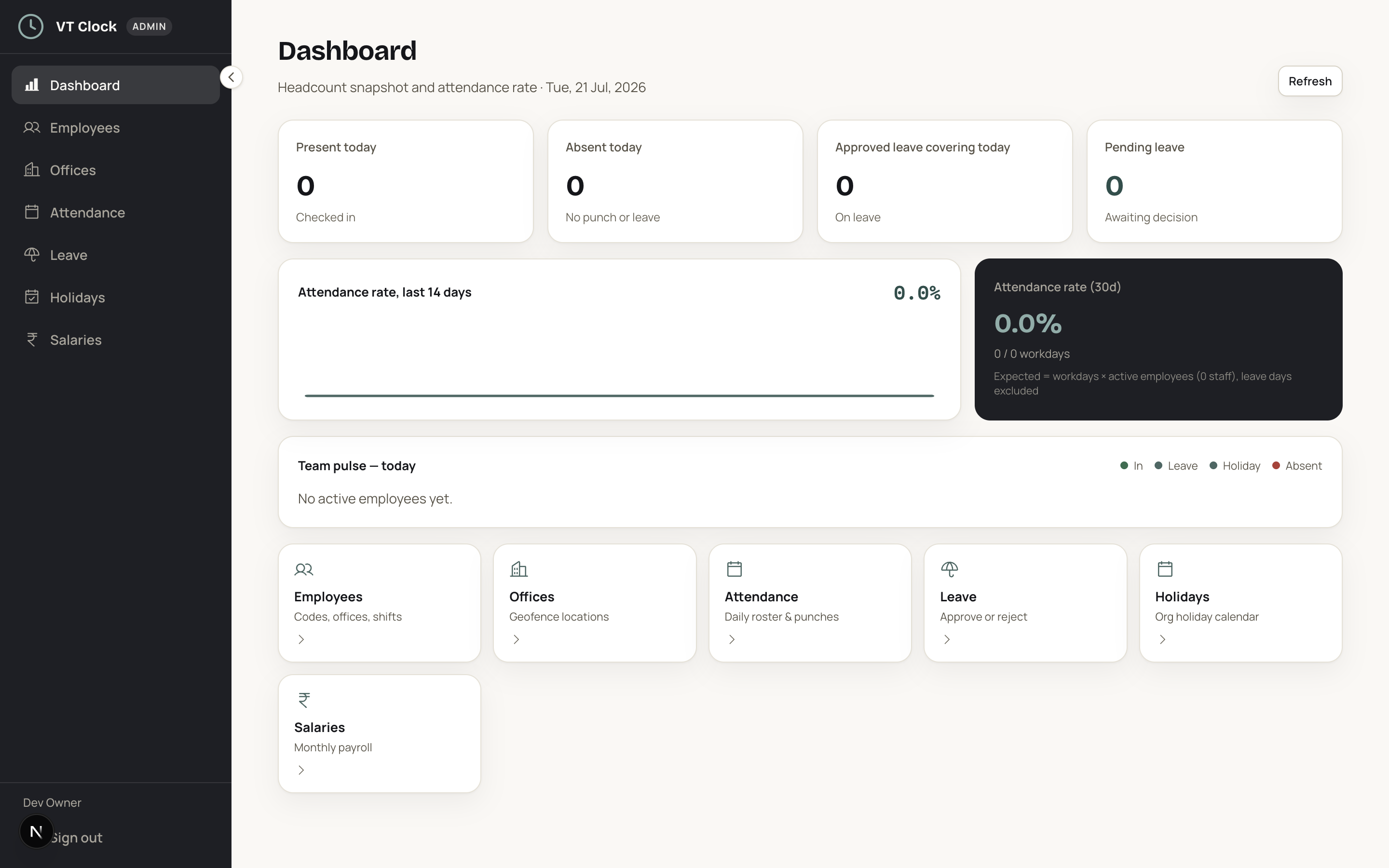 VTClock admin dashboard with attendance and team overview