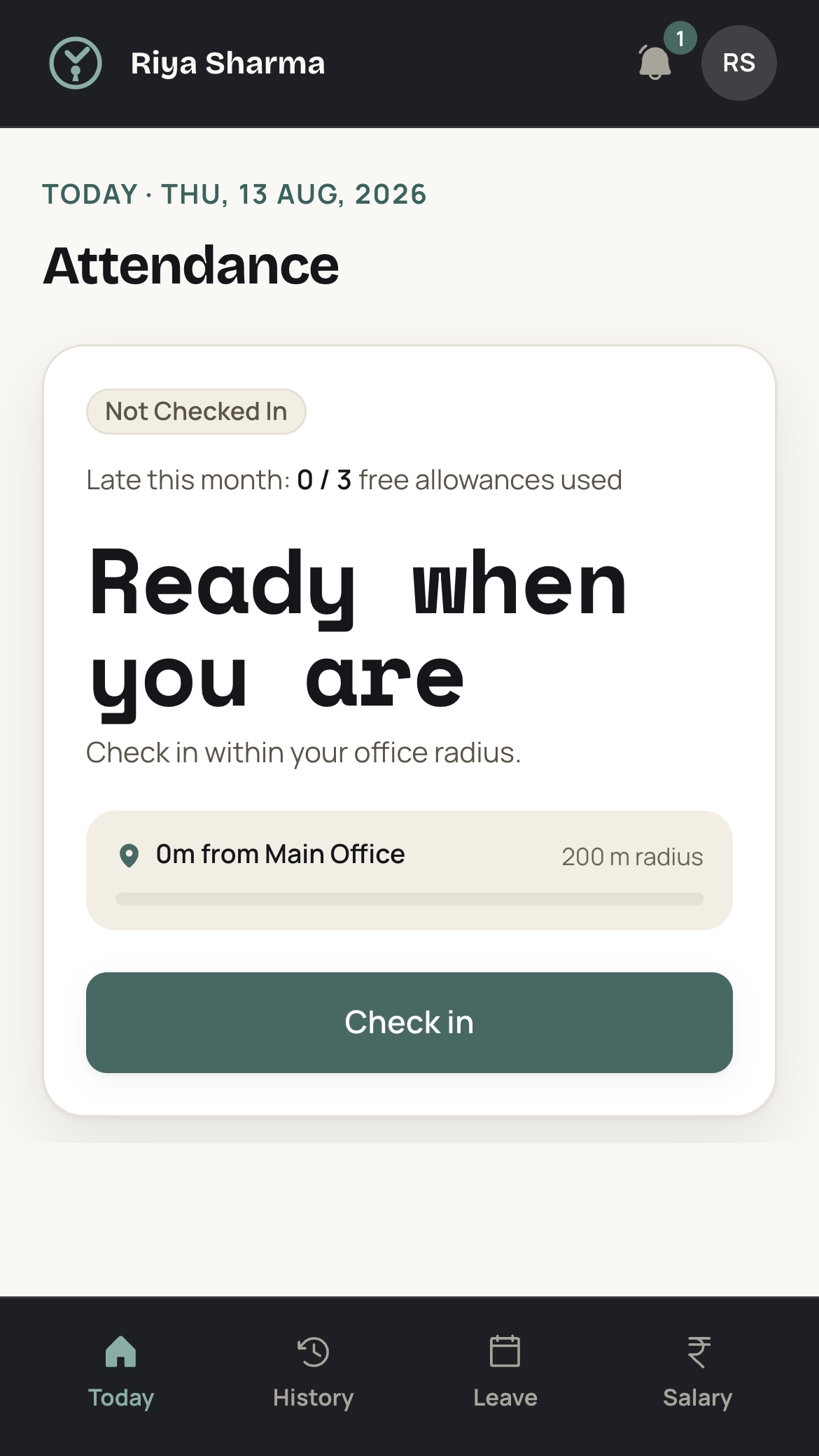 VTClock employee check-in, 0 m from Main Office inside a 200 m geofence