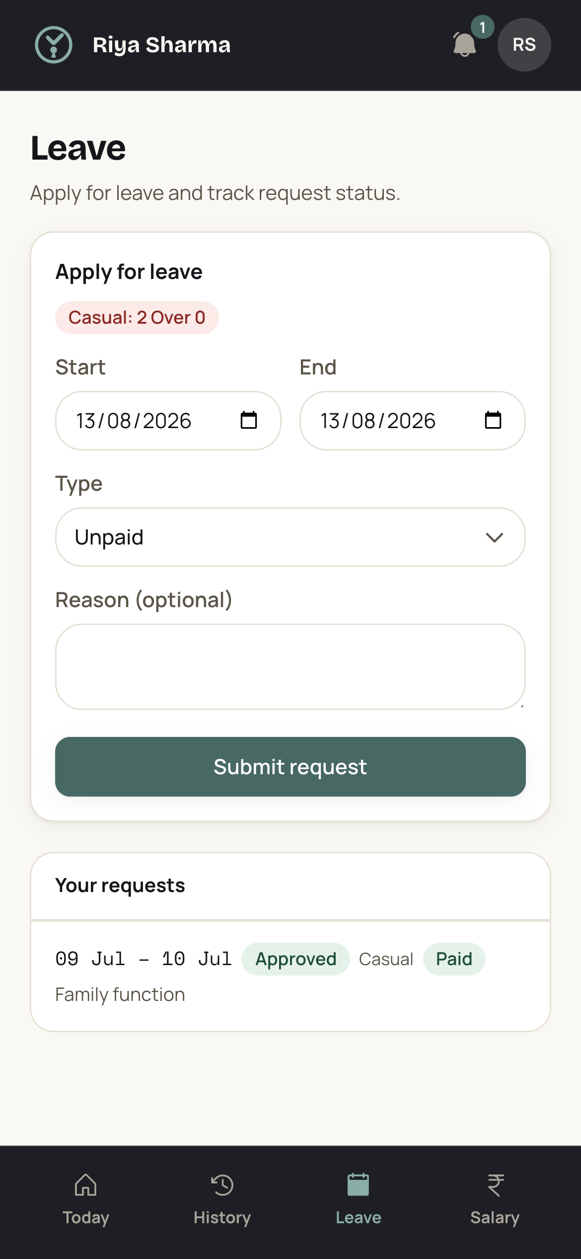 Employee leave request with approved casual leave on file