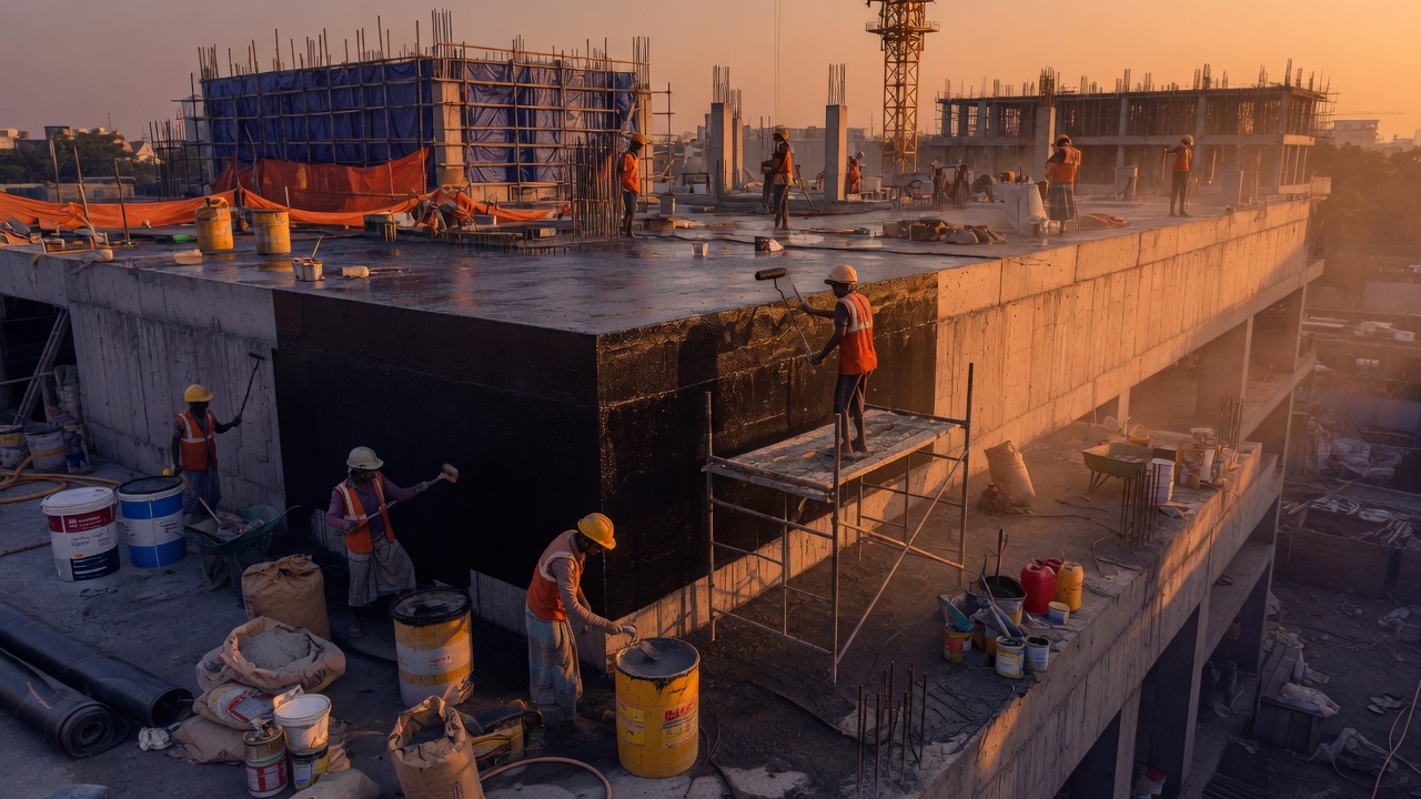 Workers applying construction chemicals on a commercial site in Jabalpur