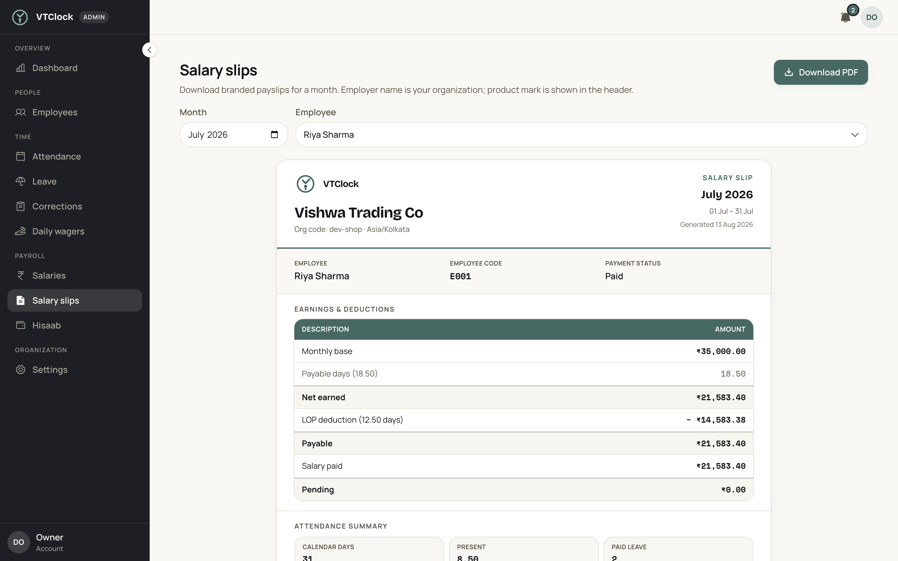 Branded Vishwa Trading Co salary slip with earnings, LOP, and payable total